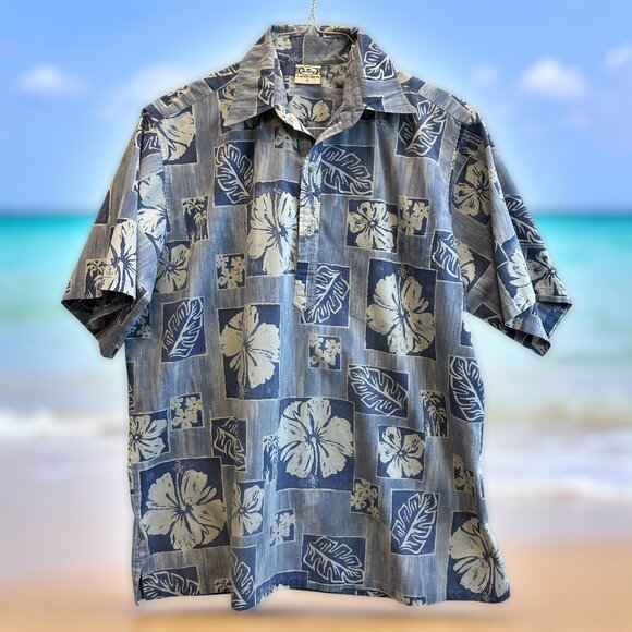 Go Barefoot Other - Vintage Go Barefoot Hawaiian Shirt L Half Button Pullover Blue Floral